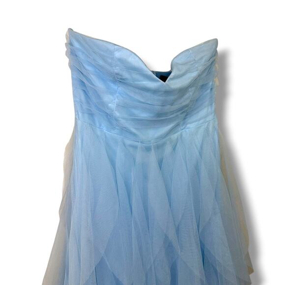 Lulus NWOT Delightful Beauty Blue Mesh Strapless Ruched Ruffled Maxi Dress - Picture 5 of 10